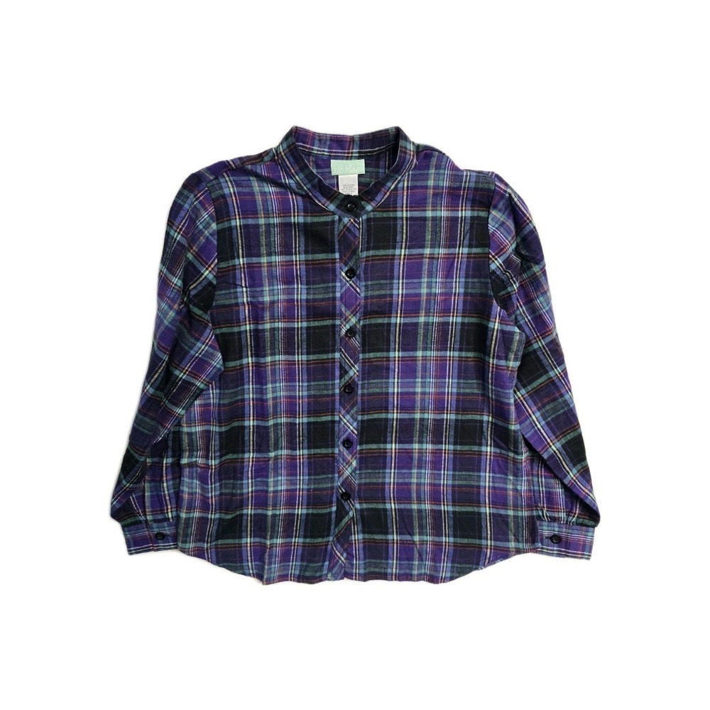220 hickory Women's Large Flannel Plaid Button Down Shirt Purple Crew Neck